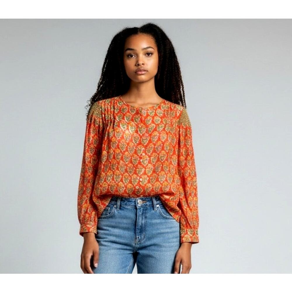 Eze Sur Mer NEW Orange Floral Boho Blouse Lightweight Long Sleeve Resort Size S